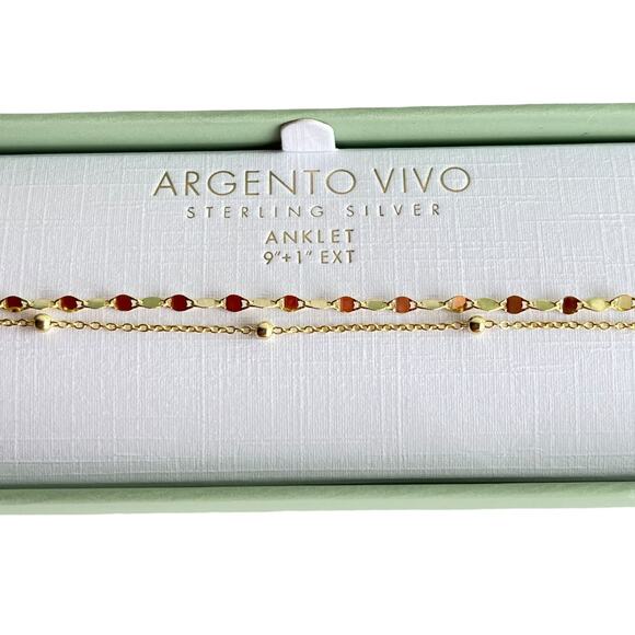 NEW Argento Vivo Sterling Silver Gold ANKLE BRACELET 9" +1" Double Strand Anklet - Picture 6 of 7